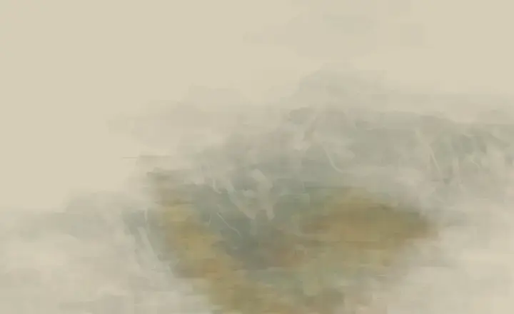 The Stone Remembers Rain: cumulative painting state 2 of 3; An invented stone-like weather event keeps traces of green and rain in a largely exposed support.