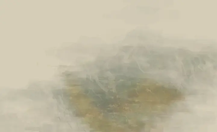 The Stone Remembers Rain: cumulative painting state 3 of 3; An invented stone-like weather event keeps traces of green and rain in a largely exposed support.