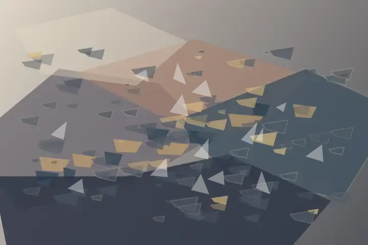 The Unshared Measure: cumulative painting state 2 of 3; Cool grey, rust, and ochre mineral facets carry an unequal diagonal load into a compressed lower-right deposit beneath a broad quiet field.
