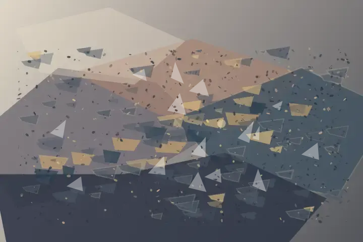 The Unshared Measure: cumulative painting state 3 of 3; Cool grey, rust, and ochre mineral facets carry an unequal diagonal load into a compressed lower-right deposit beneath a broad quiet field.