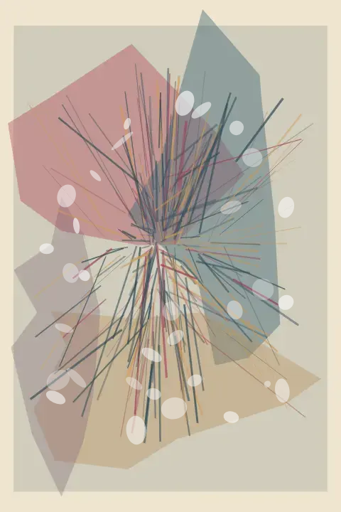 Residue of a Demonstration: cumulative painting state 2 of 3; Salmon, blue-grey, and mauve stains hold a dense low-centered burst of thin colored residue and dispersed powder.