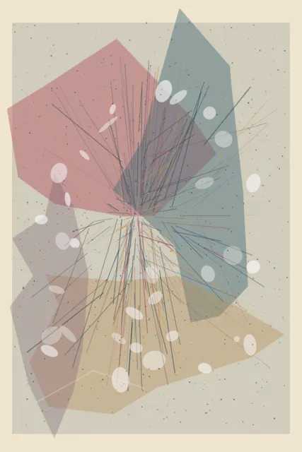 Salmon, blue-grey, and mauve stains hold a dense low-centered burst of thin colored residue and dispersed powder.