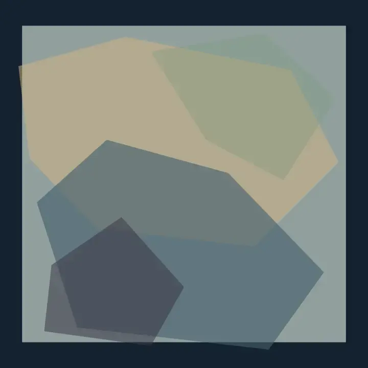 The Room Cannot Contain the Weather: cumulative painting state 1 of 3; A pale green and ochre finite field sits inside a navy surround while angular weather fragments cross and erode its boundary.