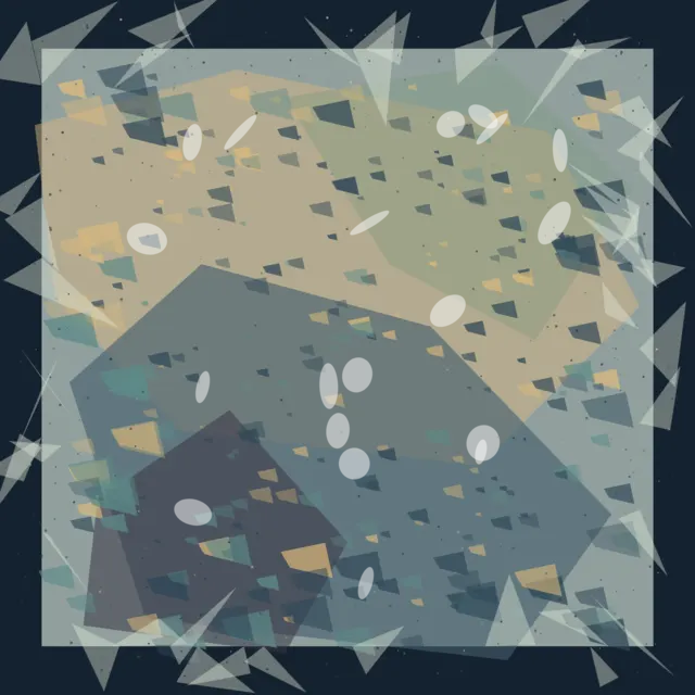 A pale green and ochre finite field sits inside a navy surround while angular weather fragments cross and erode its boundary.