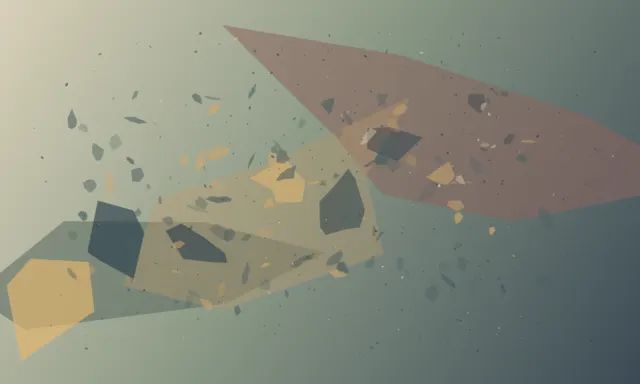 A muted green-grey support receives a rust pressure plane and an eroding central sequence of dark and pale fragments.