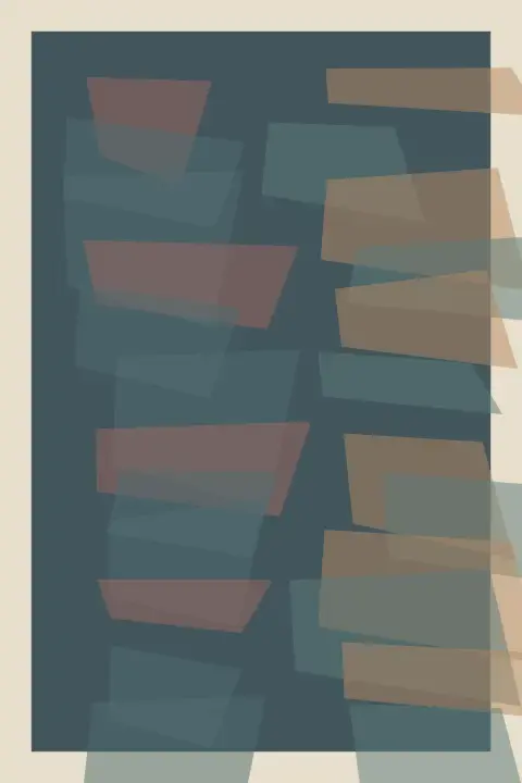 The Gap That Will Not Resolve: cumulative painting state 1 of 3; Salmon, ochre, and navy deposits accumulate on either side of a narrow nonclosing interval over translucent pressure planes.