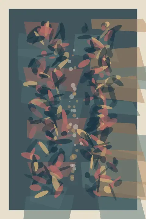 The Gap That Will Not Resolve: cumulative painting state 2 of 3; Salmon, ochre, and navy deposits accumulate on either side of a narrow nonclosing interval over translucent pressure planes.