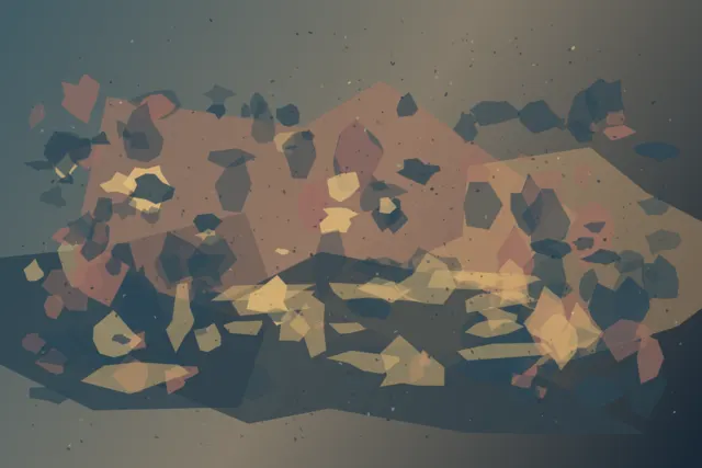 A heavy slate and umber basin retains uneven ochre and blue-grey clasts after a division, with warm remnants resisting the dark lower deposit.