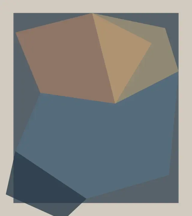 Load Bearing Proposition: cumulative painting state 1 of 3; A salmon-and-ochre upper body presses against a slate-blue lower body while small fractures and a dark corner weight register the load.