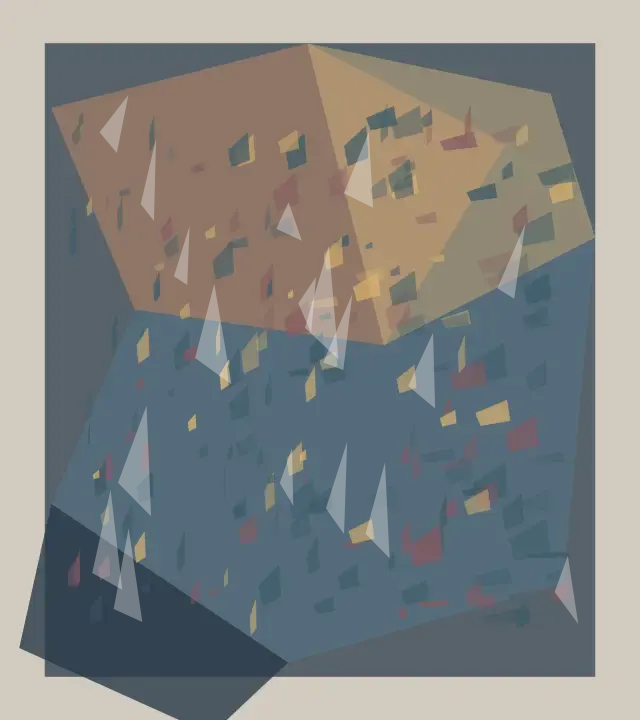 Load Bearing Proposition: cumulative painting state 2 of 3; A salmon-and-ochre upper body presses against a slate-blue lower body while small fractures and a dark corner weight register the load.