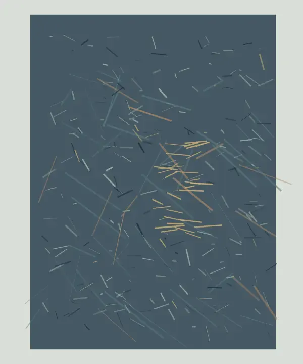 Pore With a Different Temperature: cumulative painting state 2 of 3; A dark blue-grey woven field carries many short fibers and one warmer ochre interruption inside a pale exposed border.