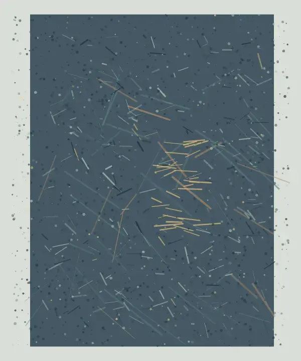 Pore With a Different Temperature: cumulative painting state 3 of 3; A dark blue-grey woven field carries many short fibers and one warmer ochre interruption inside a pale exposed border.