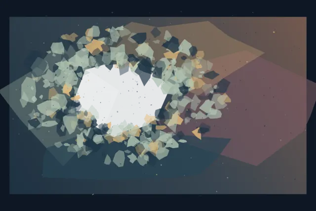 An offset jagged absence exerts weight on a dense mineral halo, a blue-grey base, and a quieter rust field beyond it.
