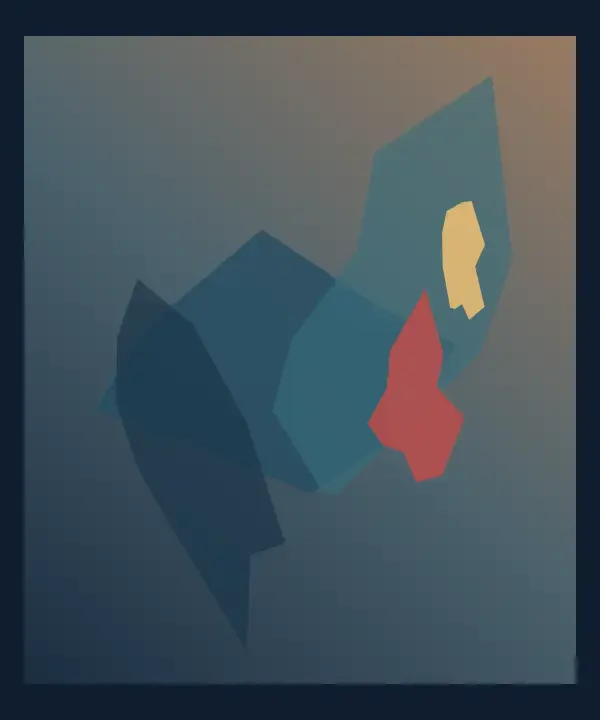 A Weather That Counts Itself: cumulative painting state 1 of 3; A dark nocturne sets a large blue weather body against a red vertical form, a small ochre light, and mineral fragments over sleeping water.