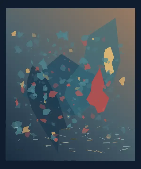 A Weather That Counts Itself: cumulative painting state 2 of 3; A dark nocturne sets a large blue weather body against a red vertical form, a small ochre light, and mineral fragments over sleeping water.