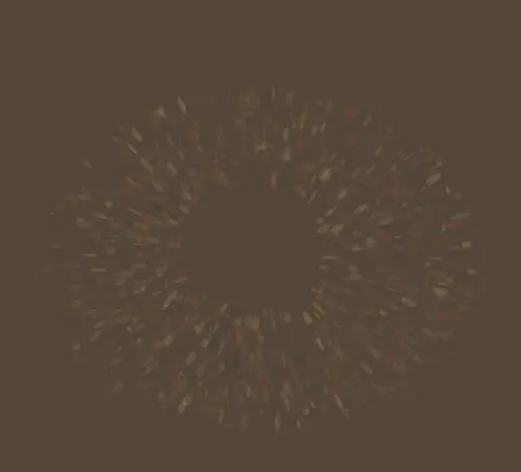 One Quiet Opening: cumulative painting state 1 of 4; One Quiet Opening makes earth parts by granular relaxation around a protected quiet visible.