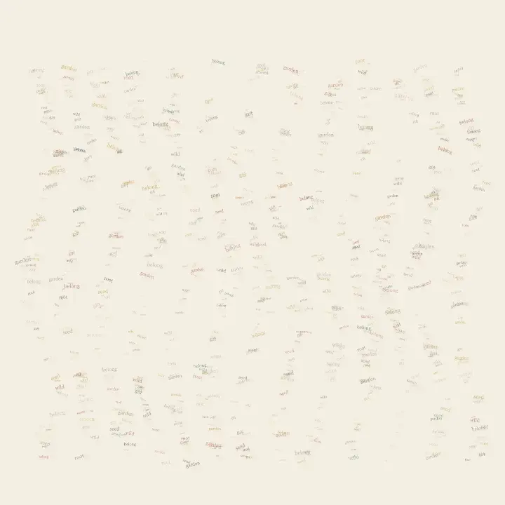 Garden Without Fence: cumulative painting state 1 of 3; Garden Without Fence uses botanical word stems so small meaningful words carry the image's pressure and open intervals.
