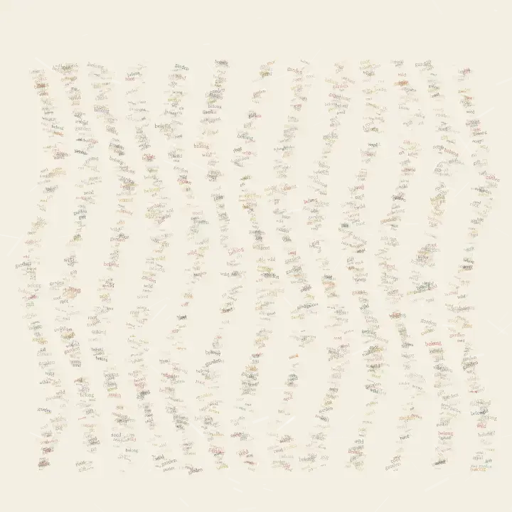 Garden Without Fence: cumulative painting state 3 of 3; Garden Without Fence uses botanical word stems so small meaningful words carry the image's pressure and open intervals.