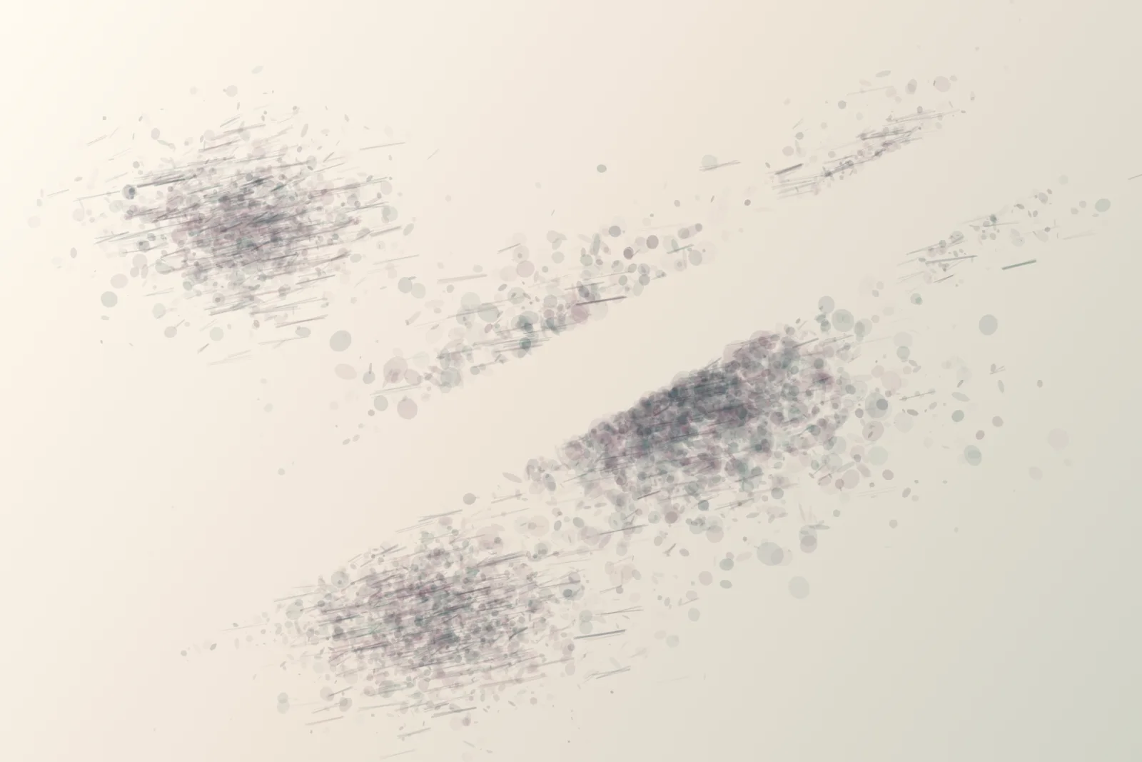 Unequal monotype pressure blooms write across warm paper while a necessary diagonal wake remains open between them; the deposits are changes in paper pressure rather than stamped spots.