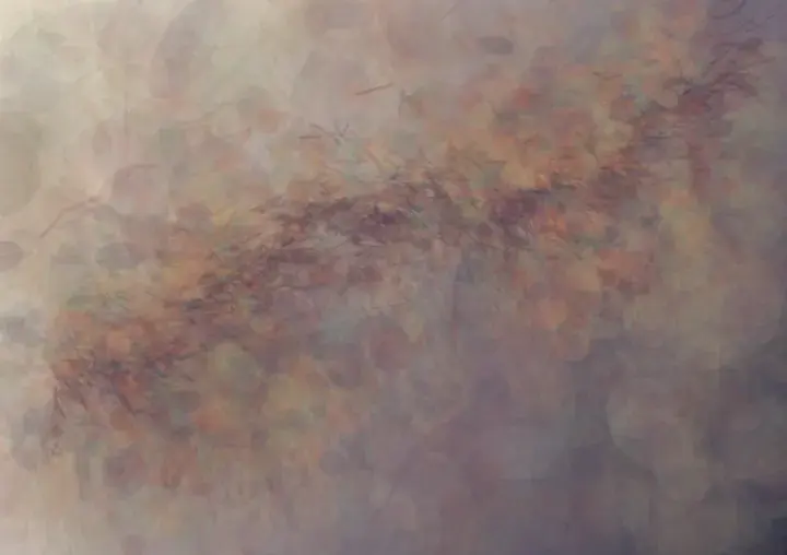 Neighbors at the Open Fault: cumulative painting state 3 of 3; Separate bruised fields lean toward an oblique open fault and leave a scarred remainder; recruitment is carried by altered direction and density, not a healing ring.