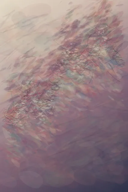 Carmine, bruised blue, and tea-green stains cross three unequal depths; a cut edge and delayed underlayer make migration visible without a cell or anatomical label.