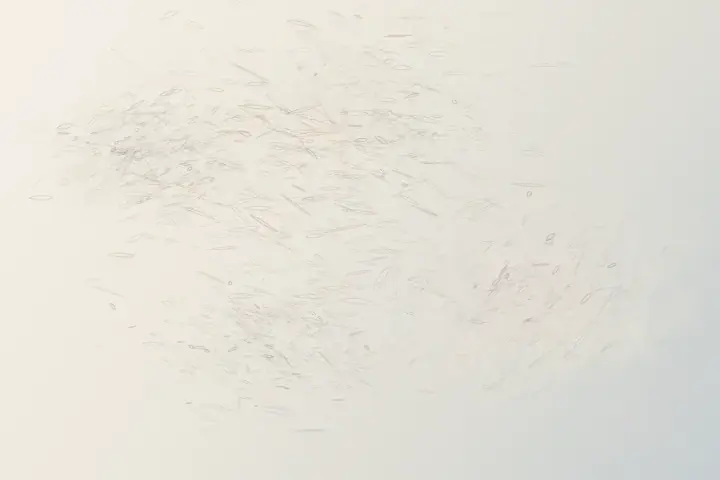 Body Hidden in Plain Light: cumulative painting state 3 of 3; Four faint pressure zones appear and recede across ivory paper; lifted planes and warm reflection imply an absent body through occlusion rather than a contour.