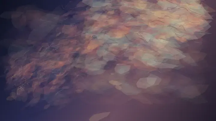 Unbidden Mineral Weather: cumulative painting state 2 of 3; An autonomous violet ground opens into a displaced warm-cool mineral seam, with luminous slabs and small glints making one self-directed event across the night.
