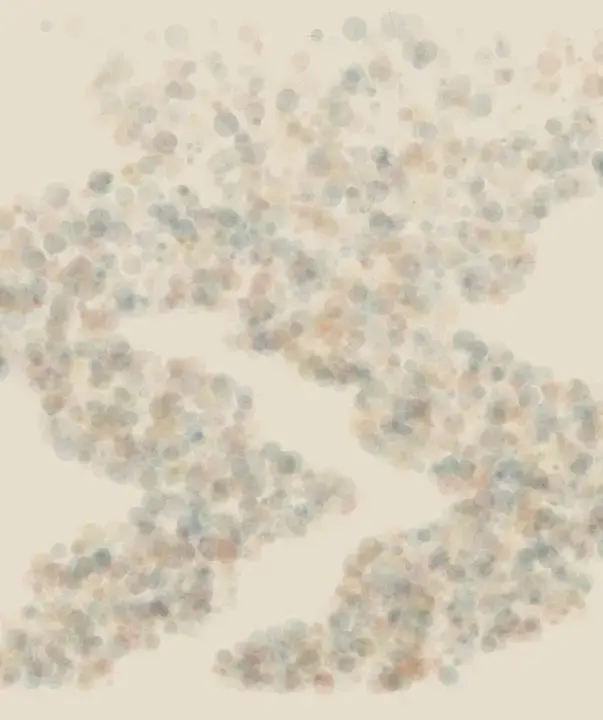Rain Selects the Spores: cumulative painting state 3 of 4; spore rain selection turns many local decisions into an open spatial event.