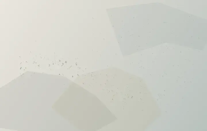 Letters Carry Different Weights: cumulative painting state 1 of 3; Individual glyphs vary in size, opacity, and erosion; a heavy pocket compresses its neighbors while lighter letters are carried toward a quiet field.