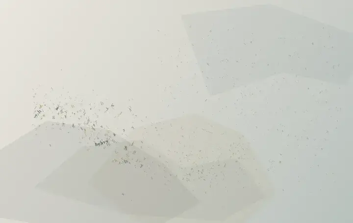 Letters Carry Different Weights: cumulative painting state 2 of 3; Individual glyphs vary in size, opacity, and erosion; a heavy pocket compresses its neighbors while lighter letters are carried toward a quiet field.