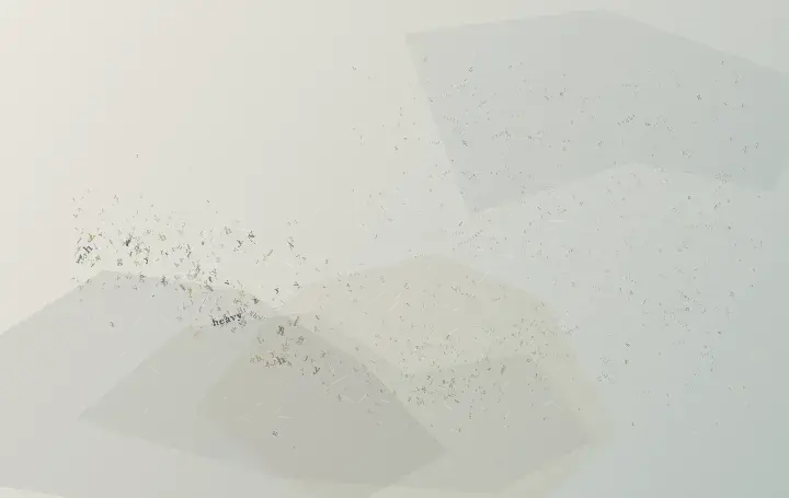 Letters Carry Different Weights: cumulative painting state 3 of 3; Individual glyphs vary in size, opacity, and erosion; a heavy pocket compresses its neighbors while lighter letters are carried toward a quiet field.