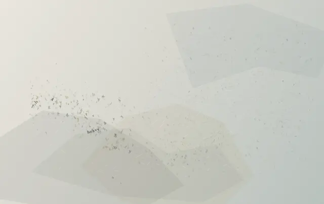 Individual glyphs vary in size, opacity, and erosion; a heavy pocket compresses its neighbors while lighter letters are carried toward a quiet field.