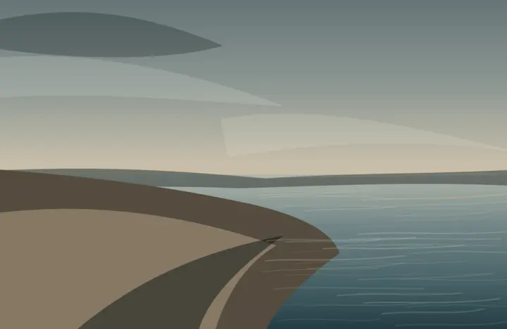 Low Water Keeps the Ledger: cumulative painting state 1 of 4; A singular waterfront world with excellent spatial quiet and scale; it reads more as stylized concept illustration than autonomous painting at native size.