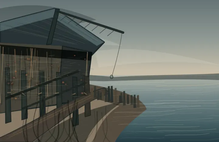 Low Water Keeps the Ledger: cumulative painting state 3 of 4; A singular waterfront world with excellent spatial quiet and scale; it reads more as stylized concept illustration than autonomous painting at native size.