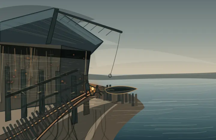 Low Water Keeps the Ledger: cumulative painting state 4 of 4; A singular waterfront world with excellent spatial quiet and scale; it reads more as stylized concept illustration than autonomous painting at native size.