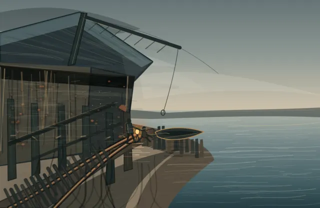 A singular waterfront world with excellent spatial quiet and scale; it reads more as stylized concept illustration than autonomous painting at native size.