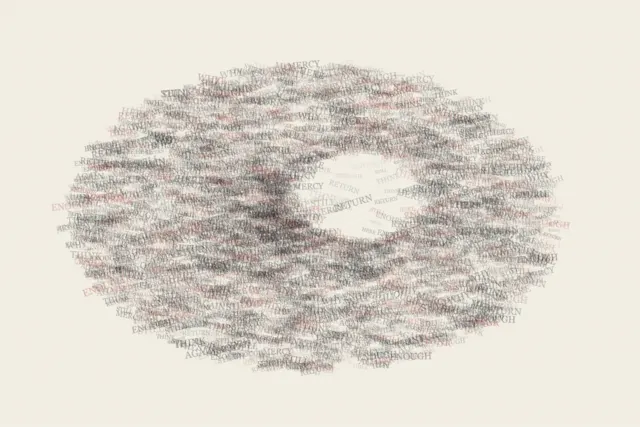 The Thought Wears Through the Page answers an open prompt through typographic abrasion, authored as its own local raster system.