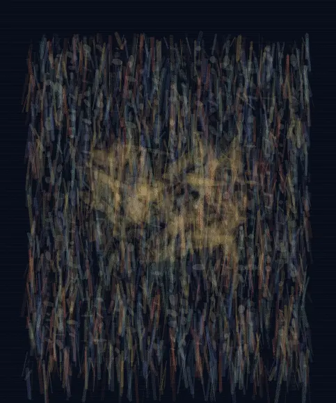 A Country Built from Listening: cumulative painting state 3 of 4; A Country Built from Listening answers an open prompt through woven luminous habitat, authored as its own local raster system.