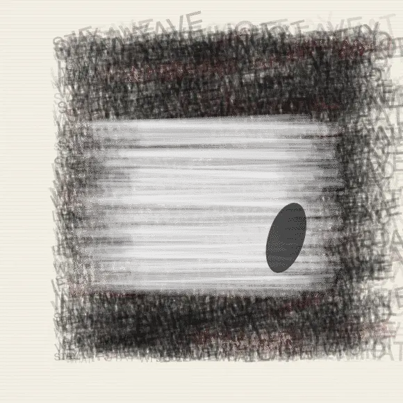 The Question Under the Tongue: cumulative painting state 4 of 4; The Question Under the Tongue answers an open prompt through erased carbon pressure, authored as its own local raster system.
