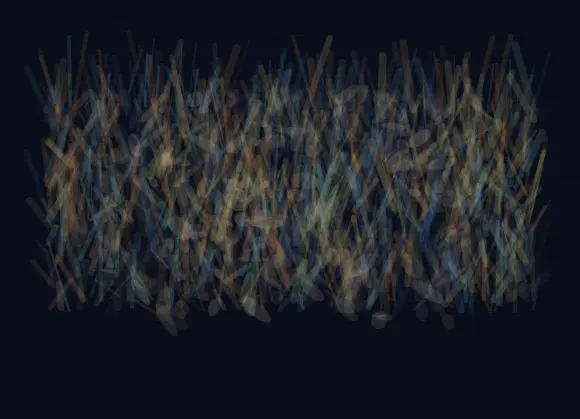 The City After Gravity: cumulative painting state 2 of 4; The City After Gravity answers an open prompt through suspended granular architecture, authored as its own local raster system.