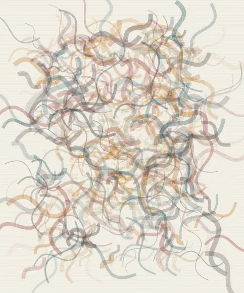 A Machine Dreams in Saffron: cumulative painting state 4 of 4; A Machine Dreams in Saffron answers an open prompt through calligraphic mechanism, authored as its own local raster system.