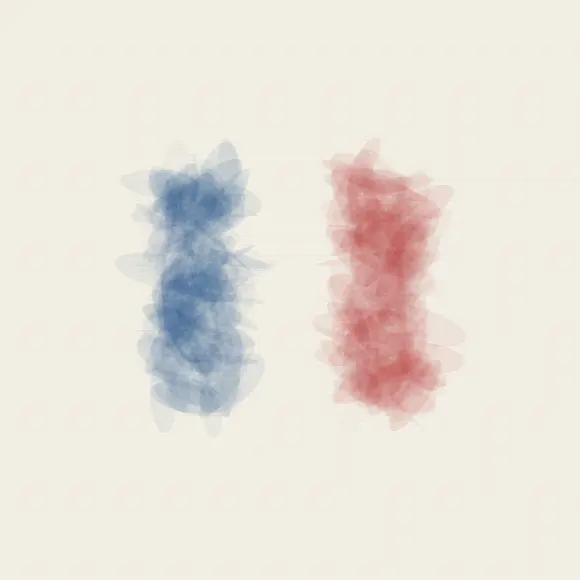Blue Learns the Temperature of Red: cumulative painting state 1 of 4; Blue Learns the Temperature of Red answers an open prompt through contact chromatics, authored as its own local raster system.