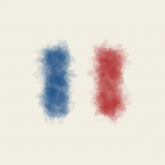 Blue Learns the Temperature of Red: cumulative painting state 2 of 4; Blue Learns the Temperature of Red answers an open prompt through contact chromatics, authored as its own local raster system.