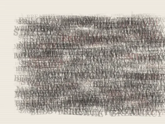Language Acquires Weight: cumulative painting state 2 of 4; Language Acquires Weight answers an open prompt through typographic pressure geology, authored as an independent causal raster system.