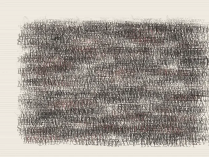 Language Acquires Weight: cumulative painting state 4 of 4; Language Acquires Weight answers an open prompt through typographic pressure geology, authored as an independent causal raster system.