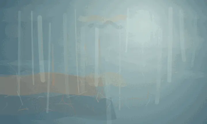 Open Course, Incoming Weather: cumulative painting state 2 of 3; A cool mineral-blue field is filled with pale vertical weather streaks. Low grey-blue shelves and a few warm ochre interruptions sit across the lower third, with a soft pale opening at upper-right and sparse dry flecks across the support.