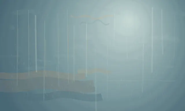 A cool mineral-blue field is filled with pale vertical weather streaks. Low grey-blue shelves and a few warm ochre interruptions sit across the lower third, with a soft pale opening at upper-right and sparse dry flecks across the support.