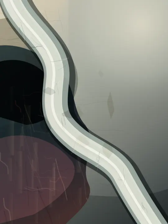 Pressure Keeps the Shape of Its Exit: cumulative painting state 3 of 6; Powerful vertical torque and concentrated flare against grey quiet; translucent faceting keeps the event closer to compositing than accretion.