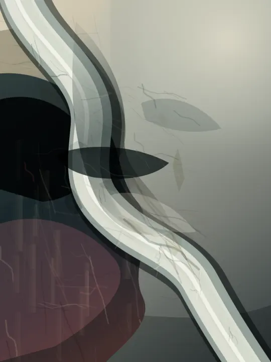 Pressure Keeps the Shape of Its Exit: cumulative painting state 4 of 6; Powerful vertical torque and concentrated flare against grey quiet; translucent faceting keeps the event closer to compositing than accretion.