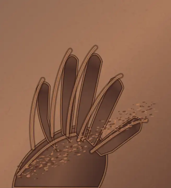 Pressure Memory: cumulative painting state 3 of 4; A cropped hand impression rises from clay through compressed troughs, raised rims, cracks, and displaced crumbs.
